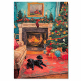 Colorful Vintage Christmas Living Room with Fireplace, Tree, Gifts, and Black Puppies on a Red Rug, Festive Cozy Holiday Scene with Classic Charm on Ready to Hang 1.5" Thick Canvas Wrap, Floating Framed Canvas, Flat Rolled Canvas
